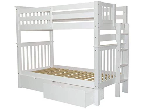 Tall Bunk Beds Twin Over Twin Mission Style With End Ladder And 2 Under Bed Drawers, White 6 Tall Bunk Beds Twin Over Twin Mission Style With End Ladder And 2 Under Bed Drawers, White - Image 4