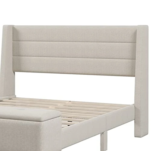Queen Size Upholstered Bed With Storage Bench And Headboard, Solid Wood Queen Bed Frame No Spring Box Needed, Beige 6 Queen Size Upholstered Bed With Storage Bench And Headboard, Solid Wood Queen Bed Frame No Spring Box Needed, Beige - Image 4