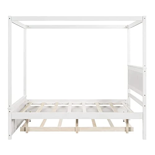 Full Size Wood Canopy Bed With Trundle And Two Nightstands, 4-Post Platform Frame Headboard, 3 Pieces Bedroom Set (Brushed White) Full Canopy Bed+2 Nightstands 7 Full Size Wood Canopy Bed With Trundle And Two Nightstands, 4-Post Platform Frame Headboard, 3 Pieces Bedroom Set (Brushed White) Full Canopy Bed+2 Nightstands - Image 5