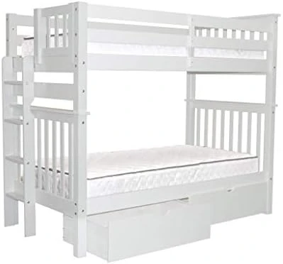 Tall Bunk Beds Twin Over Twin Mission Style With End Ladder And 2 Under Bed Drawers, White 11 Tall Bunk Beds Twin Over Twin Mission Style With End Ladder And 2 Under Bed Drawers, White - Image 9