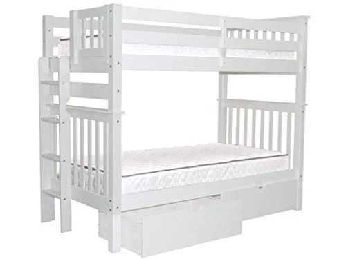 Tall Bunk Beds Twin Over Twin Mission Style With End Ladder And 2 Under Bed Drawers, White 3 Tall Bunk Beds Twin Over Twin Mission Style With End Ladder And 2 Under Bed Drawers, White