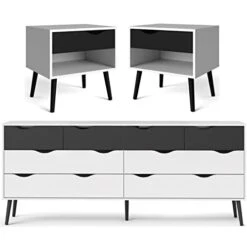Modern 3 Piece Furniture Set With 2 Pieces Of 1-Drawer Nightstands And 8 Drawer Wood Double Bedroom Dresser In White And Black