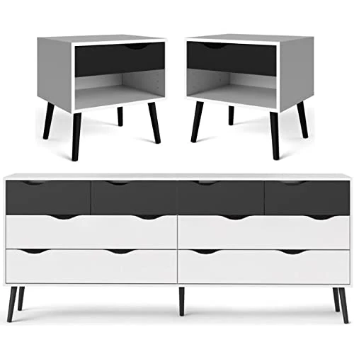 Modern 3 Piece Furniture Set With 2 Pieces Of 1-Drawer Nightstands And 8 Drawer Wood Double Bedroom Dresser In White And Black 3 Modern 3 Piece Furniture Set With 2 Pieces Of 1-Drawer Nightstands And 8 Drawer Wood Double Bedroom Dresser In White And Black