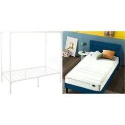 Patricia White Metal Canopy Platform Bed Frame, Twin & 6 Inch Foam And Spring Mattress/CertiPUR-US Certified Foams/Mattress-in-a-Box, Twin