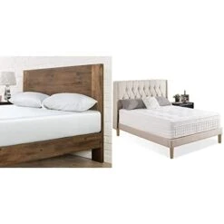 Tonja Platform Bed, Brown, Full & 13 Inch Euro Top Pocket Spring Hybrid Mattress/Pressure Relief/Pocket Innersprings For Motion Isolation/Bed-in-a-Box, Full,White