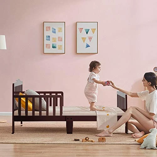 HONEY JOY Toddler Bed Frame, Solid Rubber Wood Frame W/Safety Guardrail, Fits Crib Full Size Mattress (Not Included), Children Classic Sleeping Bedroom Furniture For Kids Boys Girls(Brown) 7 HONEY JOY Toddler Bed Frame, Solid Rubber Wood Frame W/Safety Guardrail, Fits Crib Full Size Mattress (Not Included), Children Classic Sleeping Bedroom Furniture For Kids Boys Girls(Brown) - Image 5