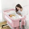 Ihoming Baby Bassinet Bedside Sleeper, Baby Crib With Storage Basket, Easy Folding Bassinets, Adjustable Baby Bed For Infant Newborn, Pink