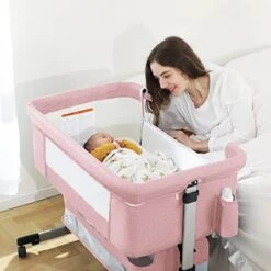 Ihoming Baby Bassinet Bedside Sleeper, Baby Crib With Storage Basket, Easy Folding Bassinets, Adjustable Baby Bed For Infant Newborn, Pink