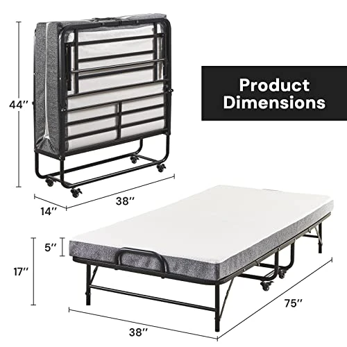 Folding Bed With Mattress Twin Size, 75" X 38", Rollaway Bed Storage Cover Included. Roll Away Bed With 5" Memory Foam Mattress, Portable Foldable Fold Up Guest Bed For Adults (Twin) 4 Folding Bed With Mattress Twin Size, 75" X 38", Rollaway Bed Storage Cover Included. Roll Away Bed With 5" Memory Foam Mattress, Portable Foldable Fold Up Guest Bed For Adults (Twin) - Image 2