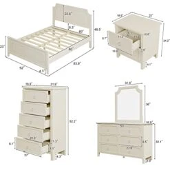6-Piece Bedroom Set With Queen Size Platform Bed, 2 Nightstands, 5-Drawer Chest, Mirror And Dresser, Classical Wooden Bedroom Furniture Set, Milky White -Delta Children Shop 41AOmpb2i1L