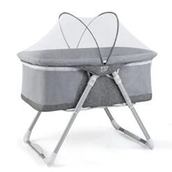 BABY JOY Bassinet, 2 In 1 Rocking Bassinet For Baby W/Detachable Curtain Cloth, Mattress, Breathable Mesh, Adjustable Height, Quick Folding Crib W/Travel Bag For Newborn Infants, Portable Bassinet