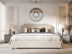 Queen Size Bed Frame Upholstered Low Profile Traditional Platform With Tufted And Nail Headboard/No Box Spring Needed/No Bed Skirt Needed/Linen Fabric Upholstery/Color Of Sand