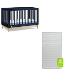 BabyGap By Delta Children Tate 4-in-1 Convertible Crib TrueSleep Crib And Toddler Mattress (Bundle), Navy/Natural