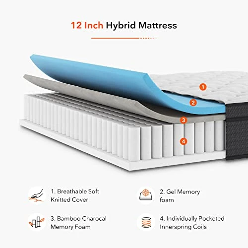 Queen Mattress, 12 Inch Pillow Top Queen Size Mattress In A Box, Bamboo And Gel Memory Foam Hybrid Mattress, Individually Wrapped Spring For Motion Isolation & Support, Siesta 6 Queen Mattress, 12 Inch Pillow Top Queen Size Mattress In A Box, Bamboo And Gel Memory Foam Hybrid Mattress, Individually Wrapped Spring For Motion Isolation & Support, Siesta - Image 4
