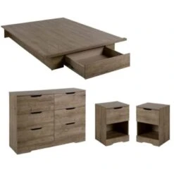 4 Piece Bedroom Furniture Set - Full/Queen Platform Bed With Storage Drawers / 6 Drawer Double Bedroom Dresser/Small Nightstand With Drawer And Shelf - Set Of 2 / Weathered Oak