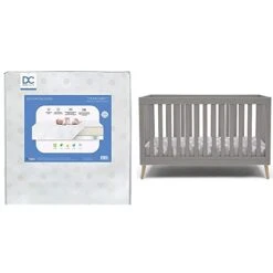 Delta Children Essex 4-in-1 Convertible Baby Crib, Grey With Natural Legs + Delta Children Twinkle Galaxy Dual Sided Recycled Fiber Core Crib And Toddler Mattress (Bundle)