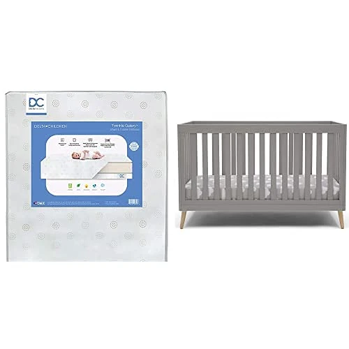 Delta Children Essex 4-in-1 Convertible Baby Crib, Grey With Natural Legs + Delta Children Twinkle Galaxy Dual Sided Recycled Fiber Core Crib And Toddler Mattress (Bundle) 3 Delta Children Essex 4-in-1 Convertible Baby Crib, Grey With Natural Legs + Delta Children Twinkle Galaxy Dual Sided Recycled Fiber Core Crib And Toddler Mattress (Bundle)