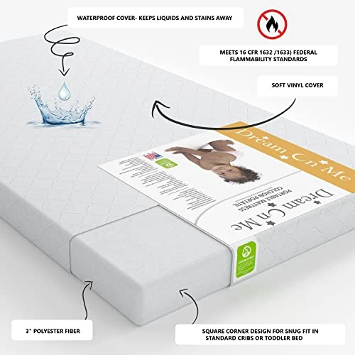 Dream On Me Holly 3” Fiber Portable, Greenguard Gold Certified, Waterproof Vinyl Cover, Lightweight Mini Crib Mattress, White 4 Dream On Me Holly 3” Fiber Portable, Greenguard Gold Certified, Waterproof Vinyl Cover, Lightweight Mini Crib Mattress, White - Image 2