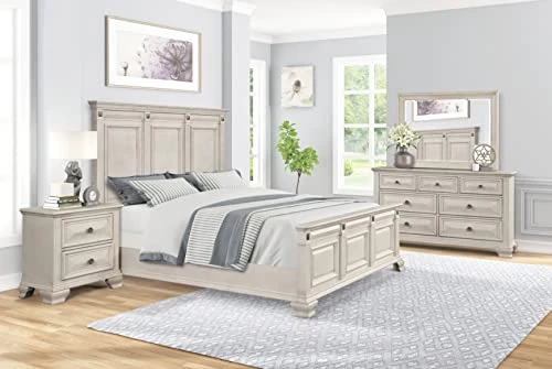 Va Wood Bedroom Set, Panel Bed, Dresser, Mirror, Nightstand, King, Distressed Parchment 3 Va Wood Bedroom Set, Panel Bed, Dresser, Mirror, Nightstand, King, Distressed Parchment
