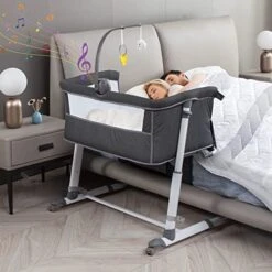 Yacul Baby Bassinet, Bedside Crib Sleeper With Wheels And Music Box, Height Adjustable Fit For Bed Height 19" - 26.5", Portable, Dark Gray -Delta Children Shop 41ZWkDf967L 1