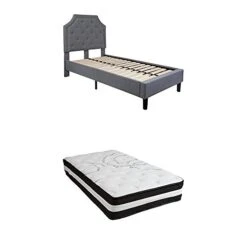 Brighton Twin Size Tufted Upholstered Platform Bed In Light Gray Fabric With Pocket Spring Mattress