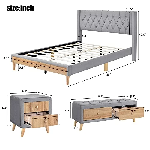 4 Pieces Bedroom Sets, Queen Upholstered Platform Bed With 2 Nightstands And Storage Bench, Platform Bed Frame With Button Tufted Upholstered Headboard (Gray) 5 4 Pieces Bedroom Sets, Queen Upholstered Platform Bed With 2 Nightstands And Storage Bench, Platform Bed Frame With Button Tufted Upholstered Headboard (Gray) - Image 3