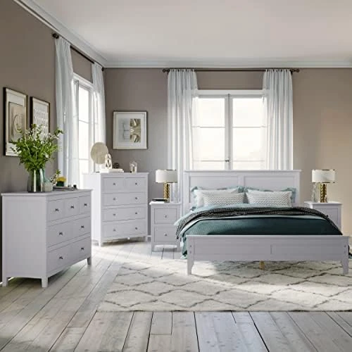 5-Piece Bedroom Furniture Set, Solid Wood Bedroom Set With King Size Platform Bed, Two Nightstands, 7-Drawer Dresser And 5-Drawer Double Chest (White) 8 5-Piece Bedroom Furniture Set, Solid Wood Bedroom Set With King Size Platform Bed, Two Nightstands, 7-Drawer Dresser And 5-Drawer Double Chest (White) - Image 6