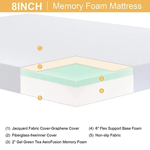 Twin Size Mattress,8 Inch Memory Foam Cooling Gel Green Tea Infused Mattress,Pressure Relief,Medium Firm,Full Size Mattress In A Box,CertiPUR-US Certified,White 4 Twin Size Mattress,8 Inch Memory Foam Cooling Gel Green Tea Infused Mattress,Pressure Relief,Medium Firm,Full Size Mattress In A Box,CertiPUR-US Certified,White - Image 2
