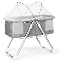 INFANS 2 In 1 Rocking Bassinet For Newborn Baby, One-Second Fold Travel Crib With Detachable & Thicken Mattress, Height Adjustable Legs, Mosquito Net, Cradle With Rock Mode & Stationary (Gray) -Delta Children Shop 41bzxih2qTL 1