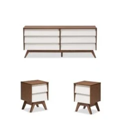 3 Piece Set - 6 Drawer Chest With 2 Nightstands In White And Walnut