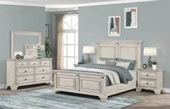 Va Wood Bedroom Set, Queen Panel Bed, Dresser, Mirror, Two Nightstands, Distressed Parchment