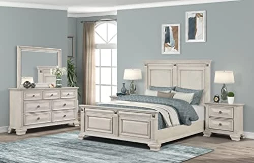 Va Wood Bedroom Set, Queen Panel Bed, Dresser, Mirror, Two Nightstands, Distressed Parchment 7 Va Wood Bedroom Set, Queen Panel Bed, Dresser, Mirror, Two Nightstands, Distressed Parchment - Image 5