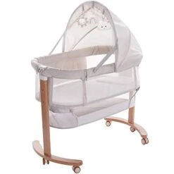Little Dove Baby Bassinet Bedside Sleeper With Wheels Storage Basket Canopy 3 Hanging Toys Newborn Cosleeping Cribs For Infant Wooden Crib Adjustable Boy Girl Multi-Functional Bedside Sleeper