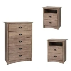 3 Piece Bedroom Set With Wooden 2 Nightstands And Chest In Drifted Gray