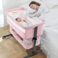 Ihoming Baby Bassinet Bedside Sleeper, Baby Crib With Storage Basket, Easy Folding Bassinets, Adjustable Baby Bed For Infant Newborn, Pink -Delta Children Shop 41eduExdHL. AC