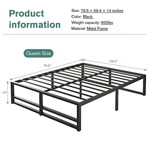14'' Metal Platform Queen Bed Frame With Strong Steel Slats Support/Sufficient Storage Space/Mattress Foundation/No Box Spring Needed/Easy Assembly 4 14'' Metal Platform Queen Bed Frame With Strong Steel Slats Support/Sufficient Storage Space/Mattress Foundation/No Box Spring Needed/Easy Assembly - Image 2