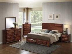 Oakland 139 Antique Oak Finish Wood Bed Room Set, Queen Storage Bed, Dresser, Mirror, Night Stand, Chest