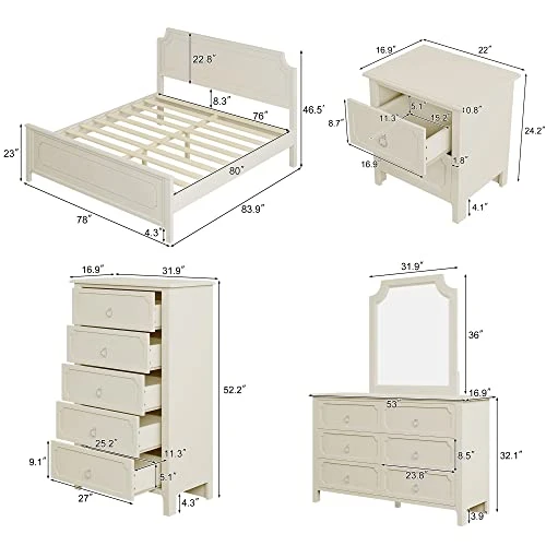 6 Pieces King Bedroom Sets, Rubber Wood King Size Platform Bed With Nightstand*2, Chest, Mirror And Dresser, Simple Style Wooden Bedroom Furniture Set For Teens Adults, Milky White 4 6 Pieces King Bedroom Sets, Rubber Wood King Size Platform Bed With Nightstand*2, Chest, Mirror And Dresser, Simple Style Wooden Bedroom Furniture Set For Teens Adults, Milky White - Image 2