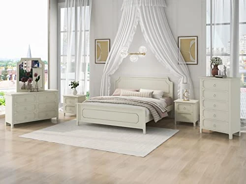 6 Pieces King Bedroom Sets, Rubber Wood King Size Platform Bed With Nightstand*2, Chest, Mirror And Dresser, Simple Style Wooden Bedroom Furniture Set For Teens Adults, Milky White 9 6 Pieces King Bedroom Sets, Rubber Wood King Size Platform Bed With Nightstand*2, Chest, Mirror And Dresser, Simple Style Wooden Bedroom Furniture Set For Teens Adults, Milky White - Image 7