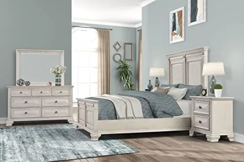 Va Wood Bedroom Set, Panel Bed, Dresser, Mirror, Nightstand, King, Distressed Parchment 7 Va Wood Bedroom Set, Panel Bed, Dresser, Mirror, Nightstand, King, Distressed Parchment - Image 5