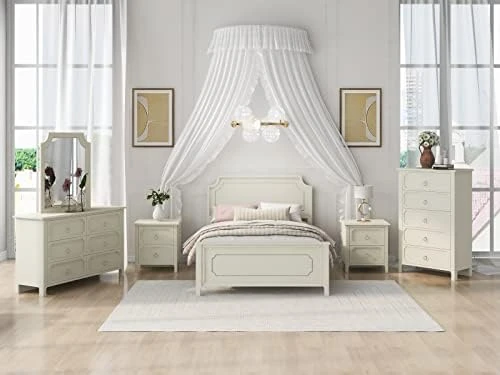6 Pieces King Bedroom Sets, Rubber Wood King Size Platform Bed With Nightstand*2, Chest, Mirror And Dresser, Simple Style Wooden Bedroom Furniture Set For Teens Adults, Milky White 16 6 Pieces King Bedroom Sets, Rubber Wood King Size Platform Bed With Nightstand*2, Chest, Mirror And Dresser, Simple Style Wooden Bedroom Furniture Set For Teens Adults, Milky White - Image 14