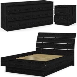 Contemporary 3 Piece Bedroom Set With Wood Platform Full Size Bed And 6 Drawer Wood Double Bedroom Dresser And 2 Drawer Wood Night Stand In Black Woodgrain -Delta Children Shop 41x6iUJjMXL