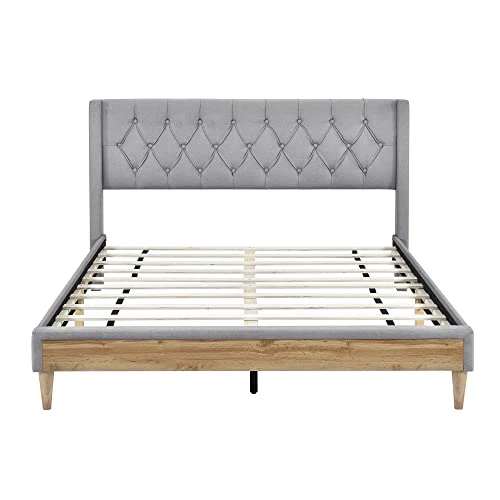 4 Pieces Bedroom Sets, Queen Upholstered Platform Bed With 2 Nightstands And Storage Bench, Platform Bed Frame With Button Tufted Upholstered Headboard (Gray) 6 4 Pieces Bedroom Sets, Queen Upholstered Platform Bed With 2 Nightstands And Storage Bench, Platform Bed Frame With Button Tufted Upholstered Headboard (Gray) - Image 4