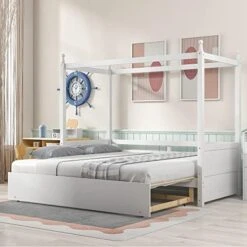 Full Size Wood Canopy Bed With Trundle And Two Nightstands, 4-Post Platform Frame Headboard, 3 Pieces Bedroom Set (Brushed White) Full Canopy Bed+2 Nightstands 29 Full Size Wood Canopy Bed With Trundle And Two Nightstands, 4-Post Platform Frame Headboard, 3 Pieces Bedroom Set (Brushed White) Full Canopy Bed+2 Nightstands -Delta Children Shop 41yHplzs0L. AC