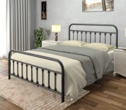 Vintage Queen Metal Bed Frame With Headboard And Footboard Platform/Wrought Iron/Heavy Duty/Solid Metal Slat/Textured Black/No Box Spring Needed/Industrial & Farmhouse
