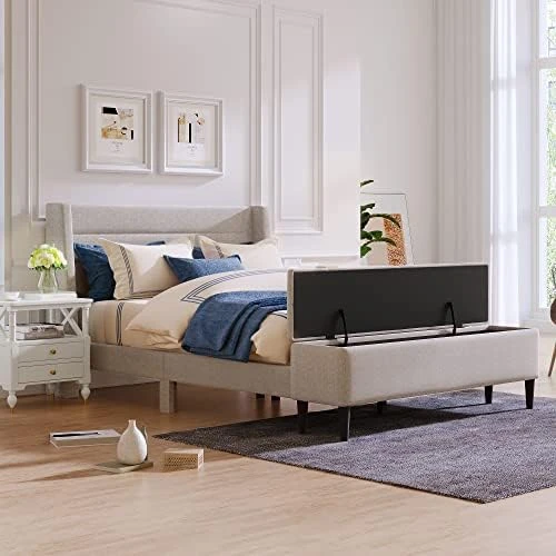 Queen Size Upholstered Bed With Storage Bench And Headboard, Solid Wood Queen Bed Frame No Spring Box Needed, Beige 7 Queen Size Upholstered Bed With Storage Bench And Headboard, Solid Wood Queen Bed Frame No Spring Box Needed, Beige - Image 5