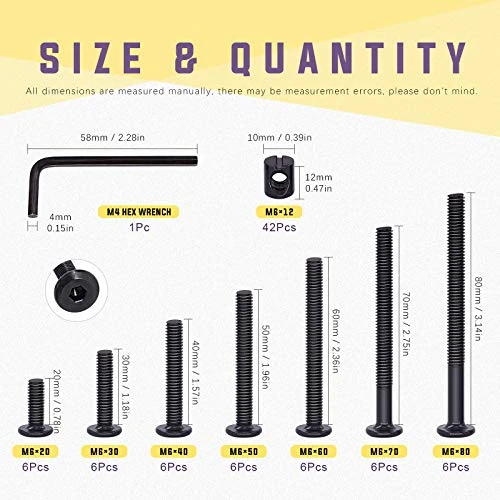 Swpeet 84Pcs Black M6 × 20/30/40/50/60/70/80mm Crib Hardware Screws Kit, Hex Socket Head Cap Crib Baby Bed Bolt And Barrel Nuts With 1 X Allen Wrench Perfect For Furniture, Cots, Crib Screws 4 Swpeet 84Pcs Black M6 × 20/30/40/50/60/70/80mm Crib Hardware Screws Kit, Hex Socket Head Cap Crib Baby Bed Bolt And Barrel Nuts With 1 X Allen Wrench Perfect For Furniture, Cots, Crib Screws - Image 2