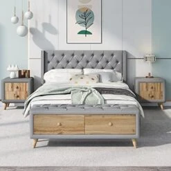 Queen Size Platform Bed With 2 Nightstands, 3 Pieces Queen Bedroom Set, Wood Queen Bed With Headboard, Queen Bedroom Furniture Sets (Champagne Silver) -Delta Children Shop 5110BQrJ73L. AC