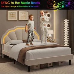 Ull Upholstered Smart LED Bed Frame With Adjustable Elegant Flowers Headboard, Platform Bed Frame Full Size With Wooden Slats Support, No Box Spring Needed, Easy Assembly, Beige 12 Ull Upholstered Smart LED Bed Frame With Adjustable Elegant Flowers Headboard, Platform Bed Frame Full Size With Wooden Slats Support, No Box Spring Needed, Easy Assembly, Beige -Delta Children Shop 511nLxJIV4L