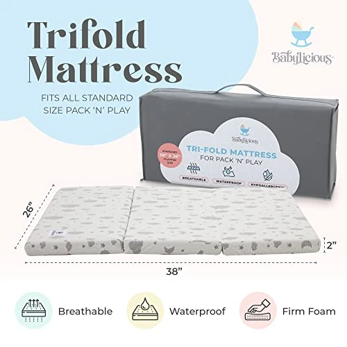 Waterproof Pack And Play Mattress Topper - 38" X 26" - Trifold Style - Breathable Soft Bamboo - Portable Trifold Playard Mattress Topper- Baby Foam Playpen Mattresses For Babies By Babylicious 4 Waterproof Pack And Play Mattress Topper - 38" X 26" - Trifold Style - Breathable Soft Bamboo - Portable Trifold Playard Mattress Topper- Baby Foam Playpen Mattresses For Babies By Babylicious - Image 2